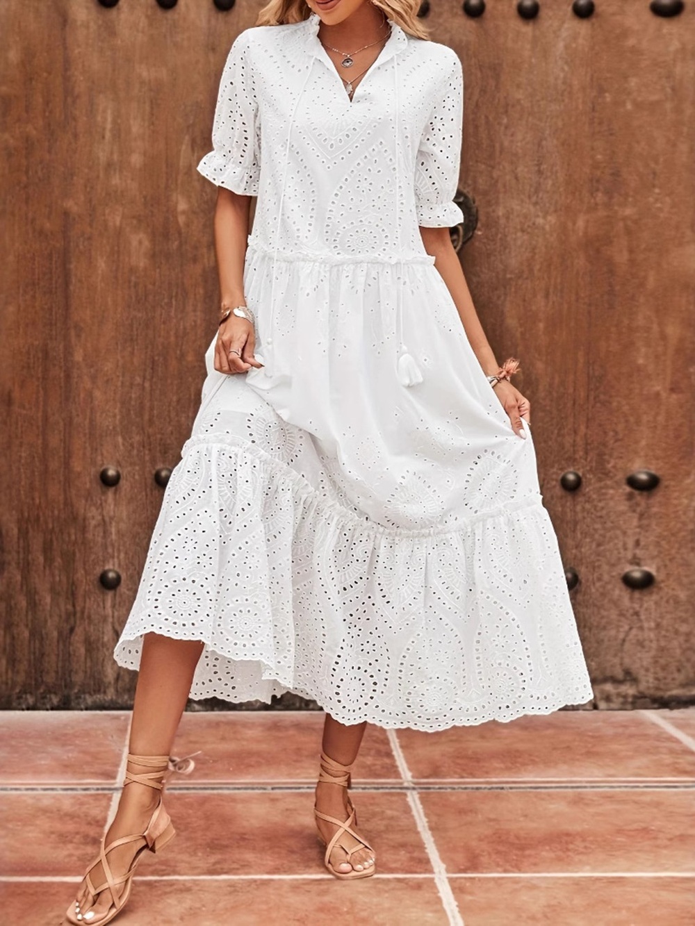 Eyelet Tie Neck Half Sleeve Midi Dress
